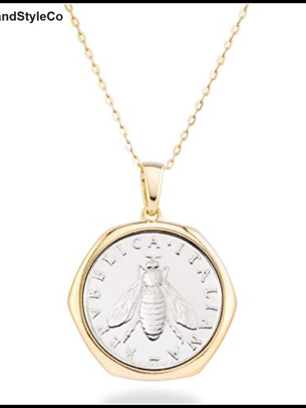 18K Gold Plated Sterling Silver 2-Lire Bee Coin Pendant Necklace for Women